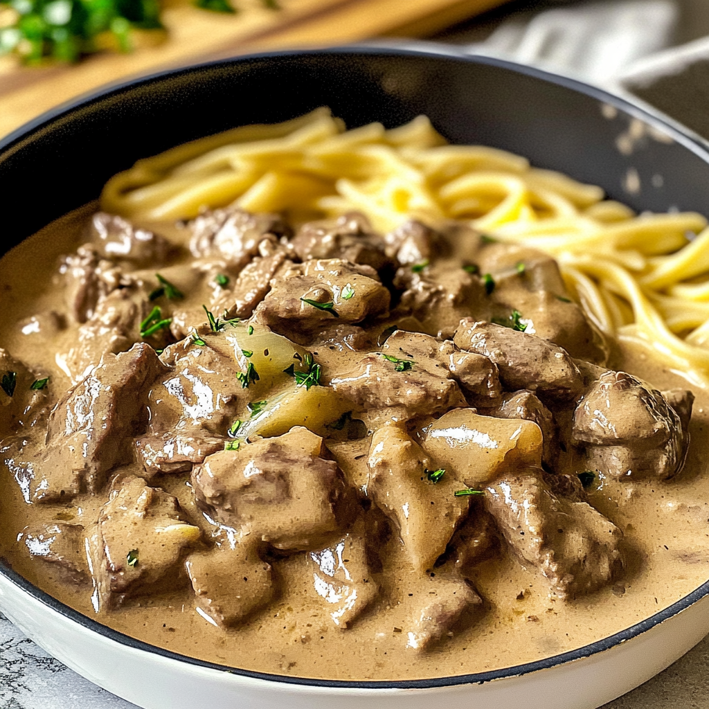Recipe preparation for Ultimate Beef Stroganoff Recipe: Comfort Food Delight
