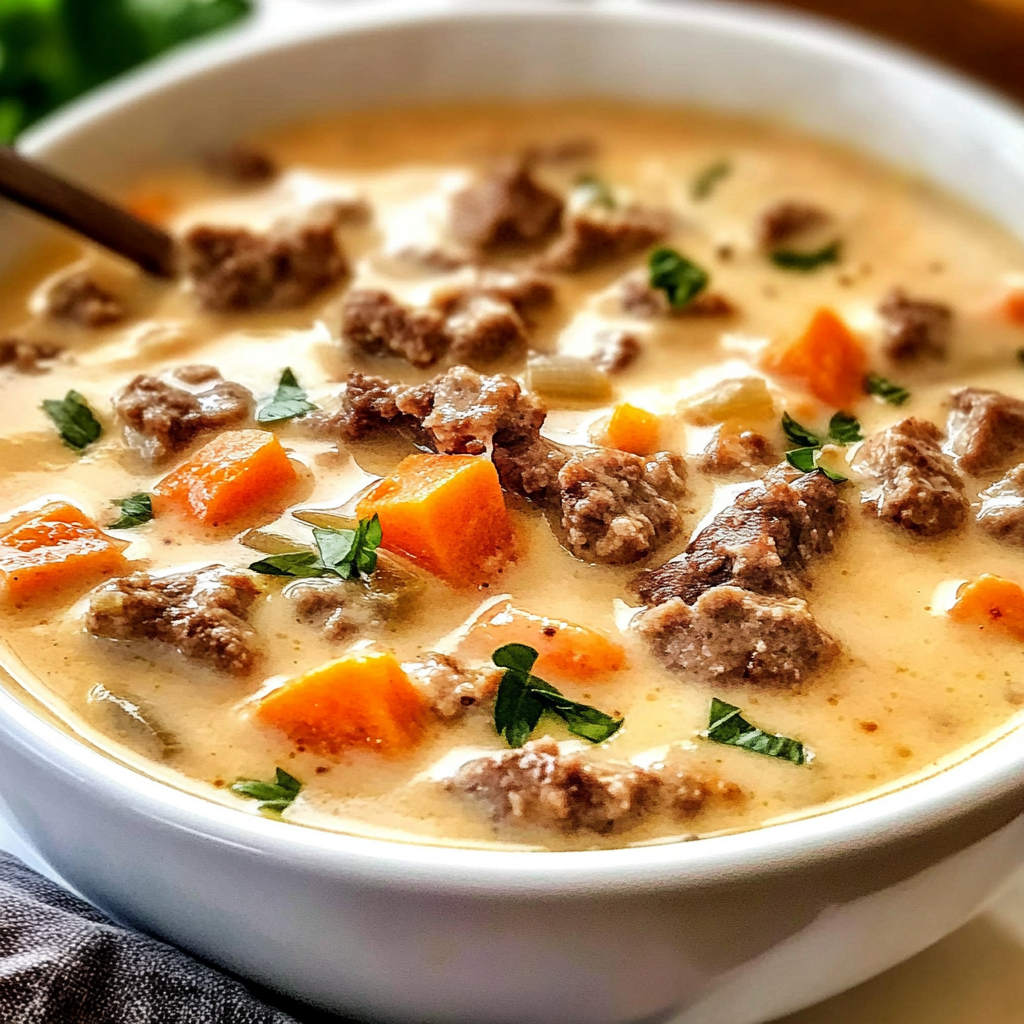 Recipe preparation for Indulge in ONE POT Philly Cheesesteak Soup Delight