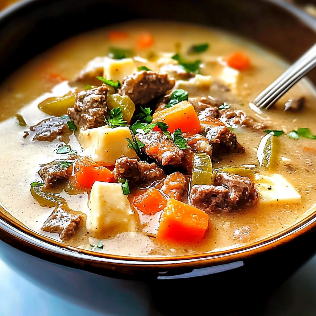 Recipe preparation for Irresistible Philly Cheesesteak Soup Recipe for Cozy Nights