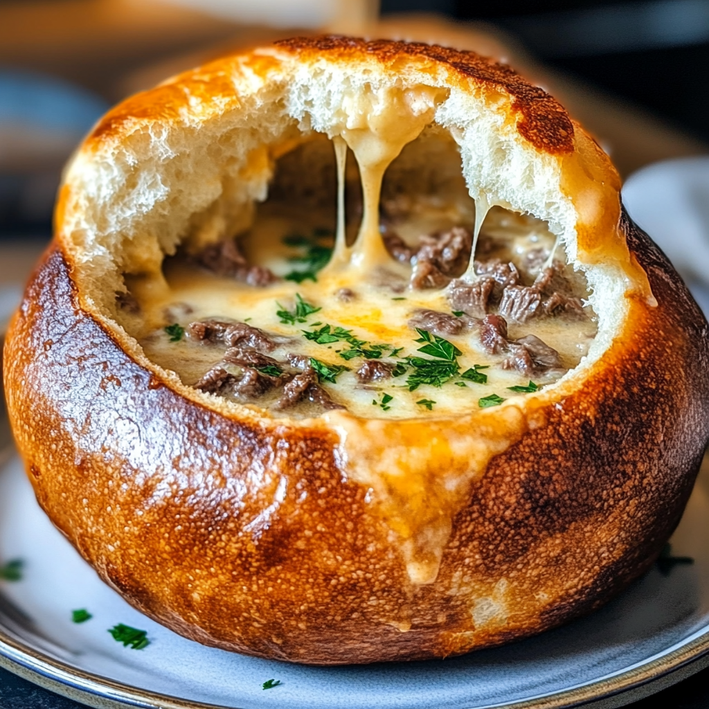 Recipe preparation for Ultimate Philly Cheese Steak Soup in a Bread Bowl Recipe