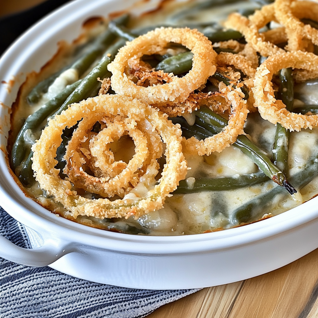 Recipe preparation for Irresistible Green Bean Casserole with Onion Rings Recipe