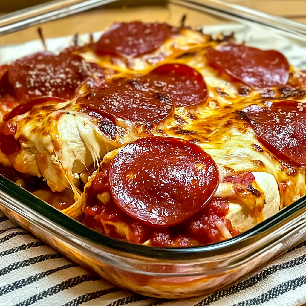 Recipe preparation for Irresistible Pepperoni Pizza Chicken Bake Recipe Delight