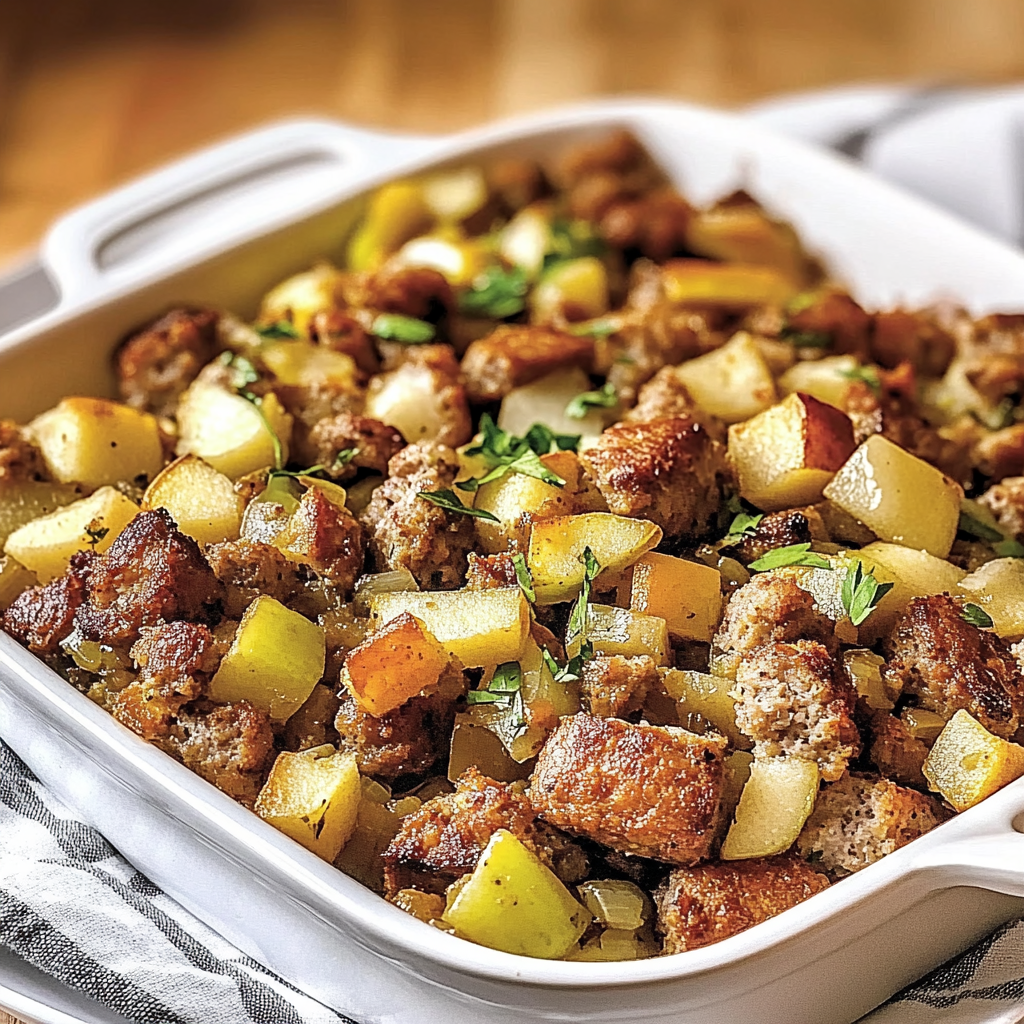 Recipe preparation for Irresistible Apple and Sausage Stuffing Recipe to Savor