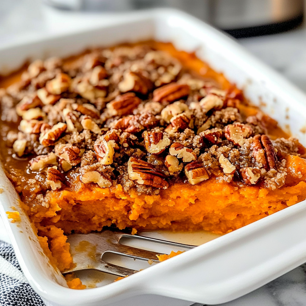 Recipe preparation for Irresistible Vegan Sweet Potato Casserole with Maple Pecan Topping