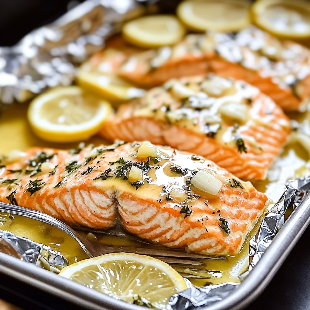 Recipe preparation for Lemon Garlic Butter Baked Salmon in Foil