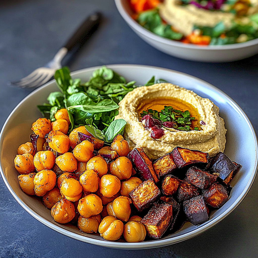 Recipe preparation for Irresistible Roasted Vegetables & Chickpea Bowl with Hummus