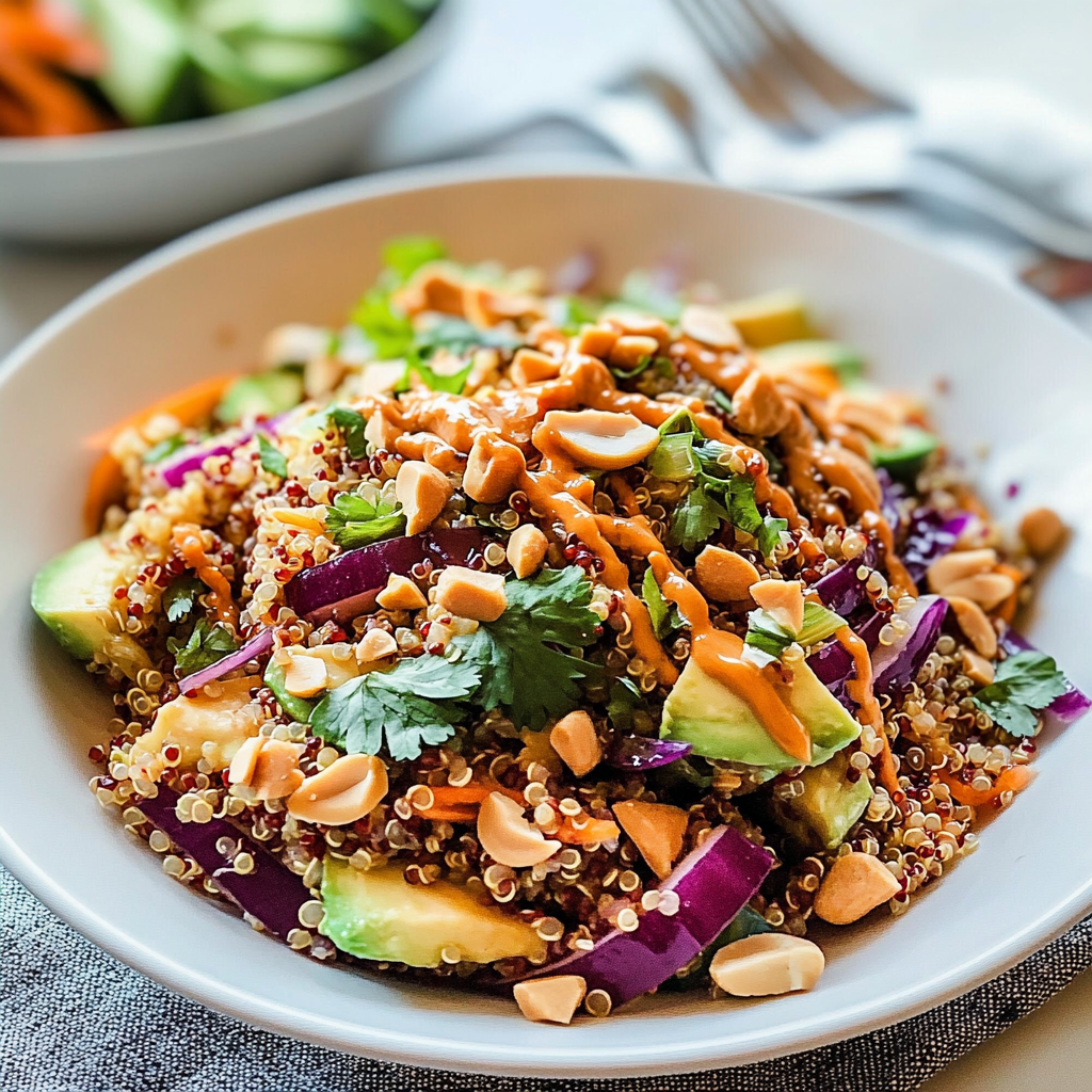 Recipe preparation for Crunchy Thai Quinoa Salad with Peanut Dressing Delight