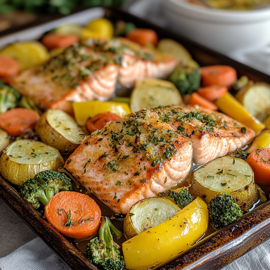 Recipe preparation for Salmon and Veggie Sheet Pan Dinner Recipe - Meatydelights