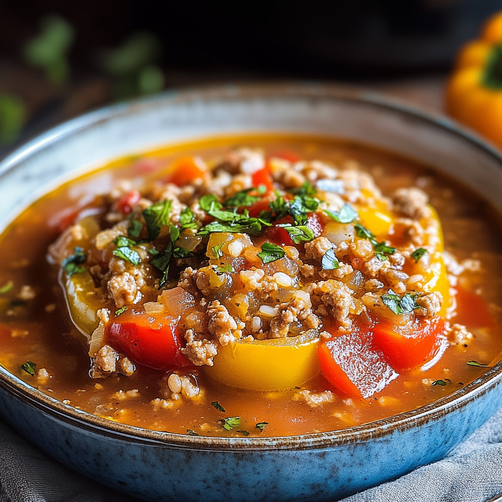 Recipe preparation for Stuffed Bell Pepper Soup with Ground Turkey Recipe - Meatydelights