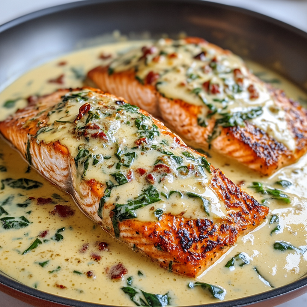 Recipe preparation for Creamy Parmesan Tuscan Salmon Recipe - Meatydelights