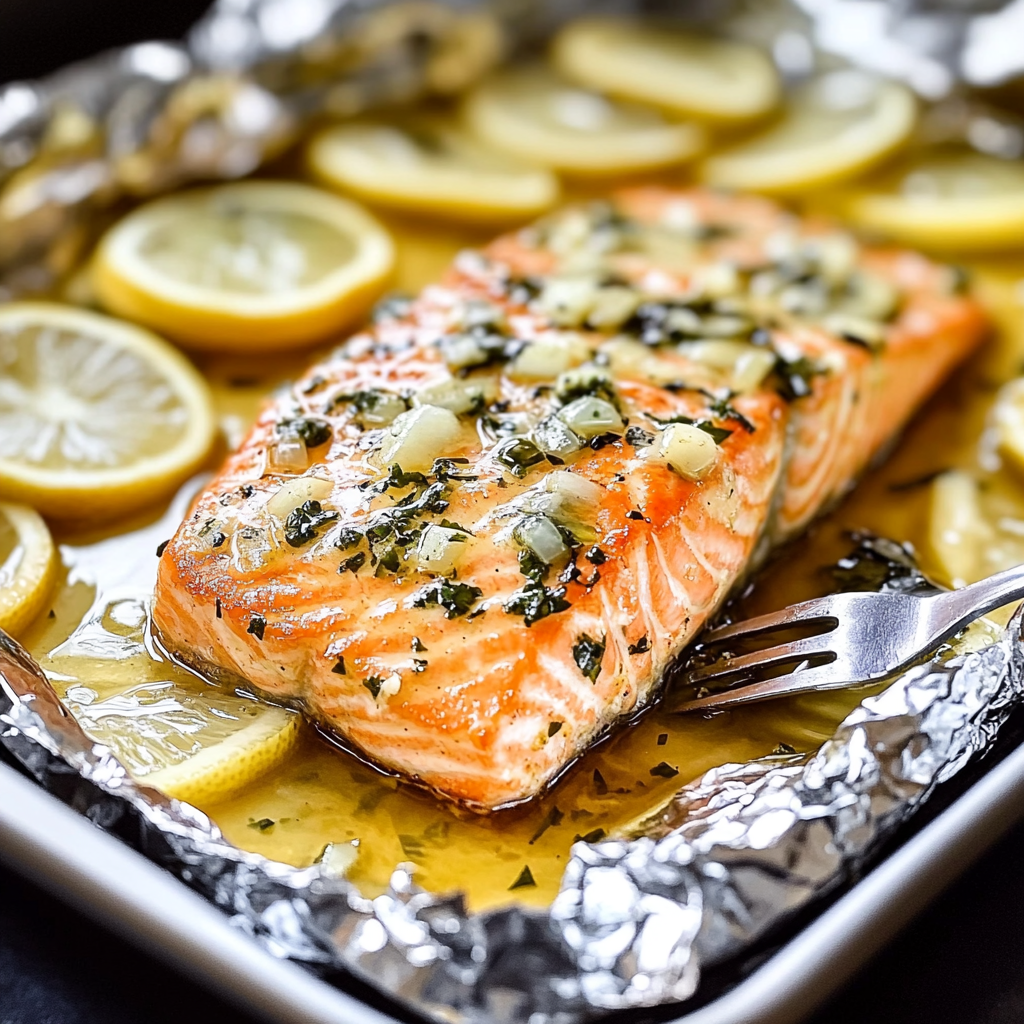 Recipe preparation for Lemon Garlic Butter Baked Salmon in Foil